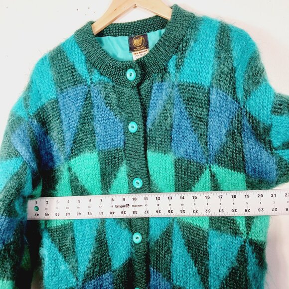 Mohair Label Irish Mohair & Wool Geo Print Cardigan, Greens & Peacock Blue ? Med - Picture 12 of 16